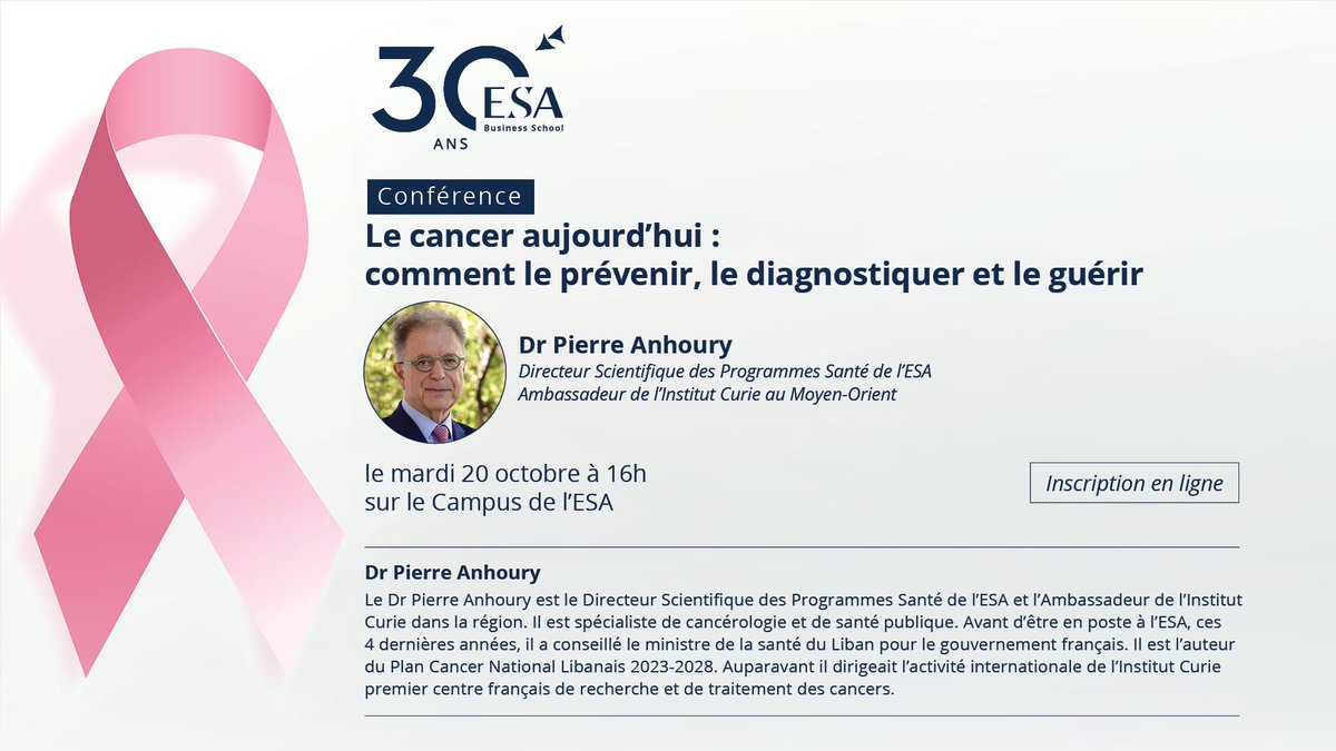 ESABeirut's tweet photo. L’ESA Business School vous invite à une conférence intitulée « Le Cancer Aujourd’hui : comment le prévenir, le diagnostiquer et le guérir », animée par le Dr Pierre Anhoury.

👉 Inscrivez-vous dès maintenant: https://t.co/GkZlqN5dLO 

#ESABusinessSchool #BreastCancerAwareness https://t.co/Z0G8TigpPe