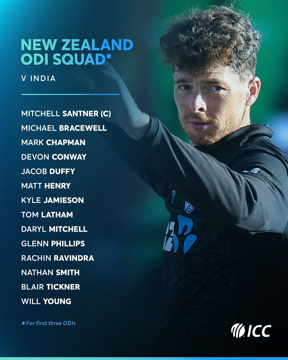 ICC's tweet photo. Mitchell Santner to lead split squads as New Zealand recall trio for five-match ODI series against India 🙌

More ➡️ https://t.co/hXa3f73T3x https://t.co/kUpDh4Uj3K