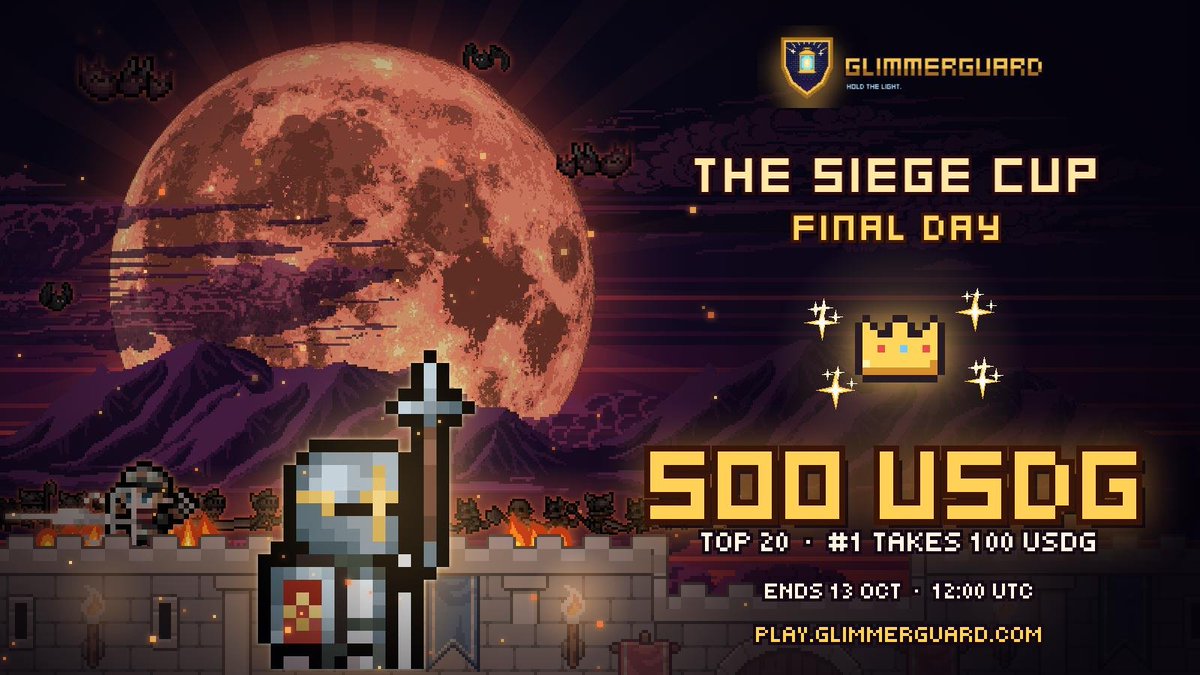 GlimmerGuard's tweet photo. Final day of the Siege Cup 🏆

Less than 24 hours left. The top 20 share 500 USDG, and #1 takes 100.
Every wave still counts: one more run can move you up the board.

Ends 13 Oct, 12:00 UTC. https://t.co/1NxrVE7paj