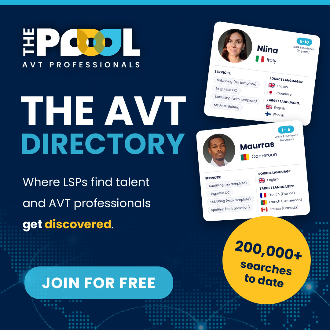 Ooona13's tweet photo. Finding a Japanese to Finnish subtitler shouldn't depend on your inbox.
Check out The POOOL, the directory of media localization pros.
🔍 3,000+ searches per month
👥 2,000+ users
Find talent or get listed for free 👉 https://t.co/zbg69wpiXx
#POOOL #AVT https://t.co/MwuOlnCeRc