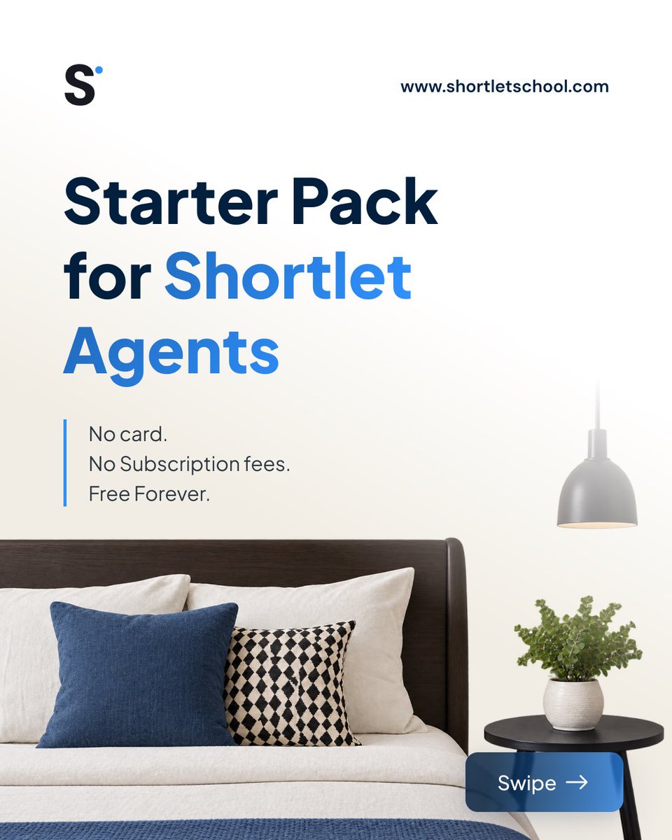 ShortletSchool's tweet photo. Starter pack for shortlet agents.

Want to earn in ShortletSchool.

Slide through to see how it works 

To get started click link in bio.

#Shortletsinlagos
#hotels
#shortlets https://t.co/5BLP9uLk2c