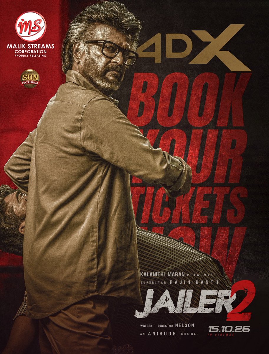 malikstreams's tweet photo. 🔥 THALAIVAR LIKE NEVER BEFORE! 🔥

Experience the Superstar Rajinikanth phenomenon in 4DX, right here in MALAYSIA! 🇲🇾💥
Feel every punch. Live every moment. Experience the MASS! 🔥
JAILER 2 – THE ULTIMATE THALAIVAR EXPERIENCE! 😎⚡

@GSCinemas 

Jailer 2 | 15 Oct 2026
#malikstreams #jailer2 #superstarrajinikanth #sunpictures #anirudh