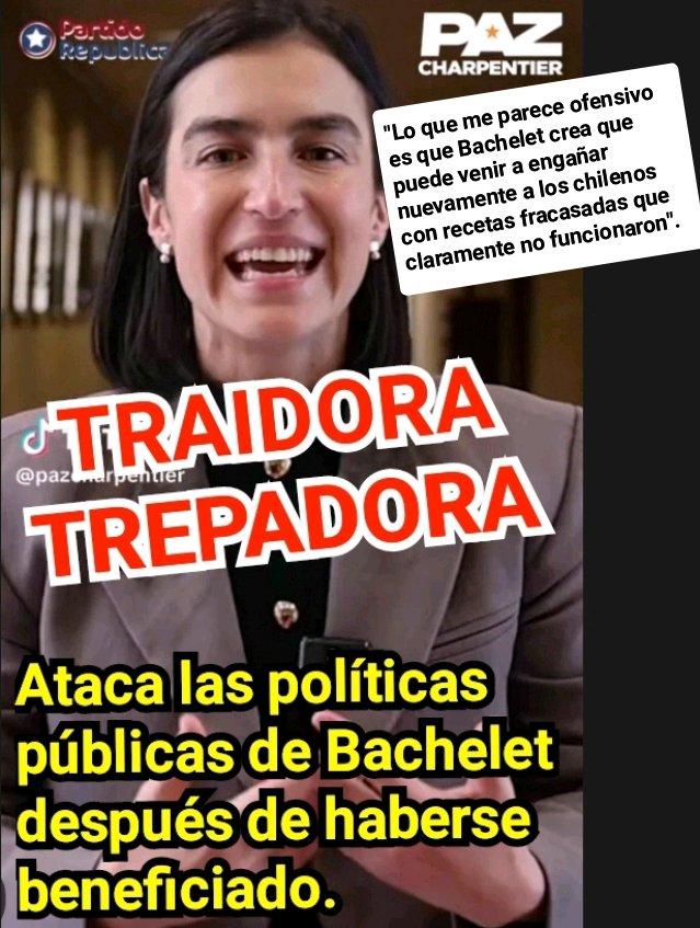 Incorru47125032's tweet photo. Si un perro (o una perra) muerde la mano de quién le da de comer es una traición !
Bueno, eso es exactamente lo q hace la diputadilla de cartón @paz_charpentier.😱
Ahora se dedica a atacar a Bachelet después de haber recibido un MAGISTER GRATUITO gracias a la "Mami".
¿Que opinan? https://t.co/XloMHOTzV8