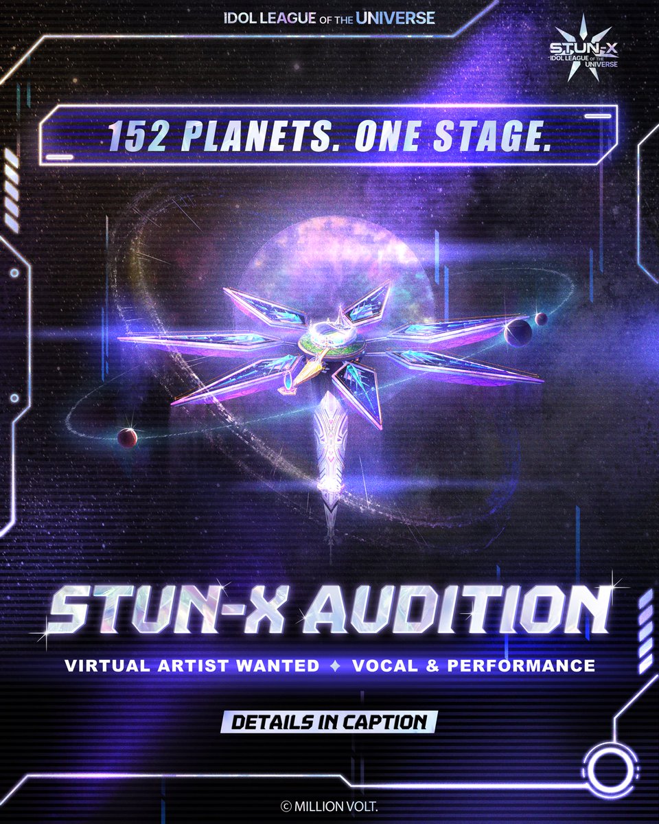 stun_x_official's tweet photo. [공고] STUN-X : 우주 아이돌 선발 비공개 오디션 OPEN

"152개 행성에서 모인 우주 아이돌리그, STUN-X의 무대에 설 버추얼 아티스트를 찾습니다."

독보적인 음색과 퍼포먼스로 무대를 이끌어갈 실력파 참가자를 모집합니다.
STUN-X 프로젝트의 주인공이 될 여러분의 많은 지원 바랍니다!

✦ 모집 분야
• 버추얼 아티스트 (보컬 & 퍼포먼스)
  - 매력적인 중저음/감미로운 음색 보유자 우대
  - 댄스 퍼포먼스 및 라이브 소통 능력자 우대
  - 작곡/작사 가능자 우대

✦ 지원 자격
• 대한민국 국적 보유자 (만 19세 이상 성인)

✦ 지원 방법
• 아래 링크 주소를 인터넷 창에 입력하여 접수해 주세요.
 신청 링크:
https://t.co/oi4zRE7lo7