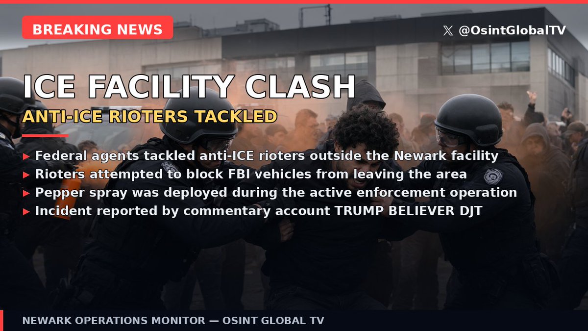 OsintGlobalTV's tweet photo. 🚨 BREAKING: ICE FACILITY CLASH — Federal agents tackled anti-ICE rioters outside the Newark facility. Rioters attempted to block FBI vehicles from leaving the area. #BreakingNews #Newark #ICEFacility #FederalAgents #Protests https://t.co/8w0SEJBcgy