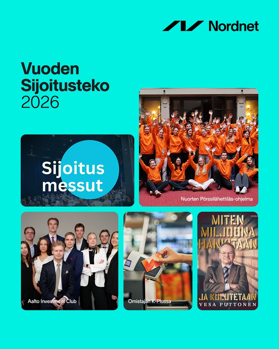 nordnetFI's tweet photo. Tässä #vuodensijoitusteko 2026 -finalistit: @Porssisaatio Pörssilähettiläs-ohjelma, Aalto Investment Club, Miten miljoona hankitaan ja kulutetaan @InvestmentTraps, @SijoitusmessutT ja @Kesko_IR Omistajan K-Plussa. Tutustu finalisteihin ja anna äänesi viimeistään 11.11. Arvomme äänestäjien kesken kymmenen paria Nordnet-tennissukkia.

Kenestä Vuoden Sijoitusteko 2026? Äänestä! https://t.co/6lwDHX2qK9