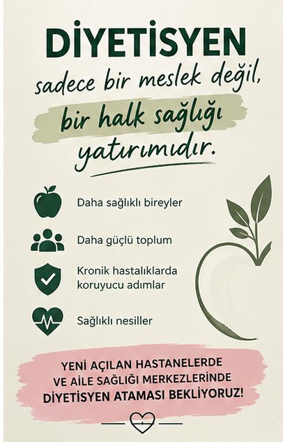kedilerveselo's tweet photo. @drmemisoglu Beslenme danışmanlığı bir lüks değil, sağlık hizmetinin temel bir parçasıdır. Hastalıkları oluşmadan önlemek, sağlıklı nesiller yetiştirmek ve sağlık sistemini güçlendirmek için diyetisyen ataması istiyoruz!

#DiyetisyenlerAtamaBekliyor https://t.co/1VlILHIy4K