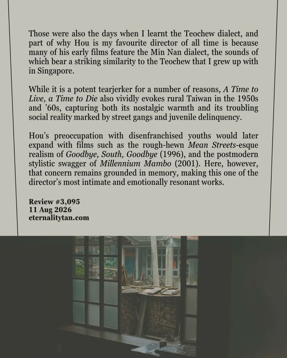 NasrullahAzroyy's tweet photo. Only Yesterday 

#houhsiaohsien #atimetoliveatimetodie #taiwanesecinema #filmreview #moviereview 

Revisited digitally https://t.co/O7Yr2flIDW