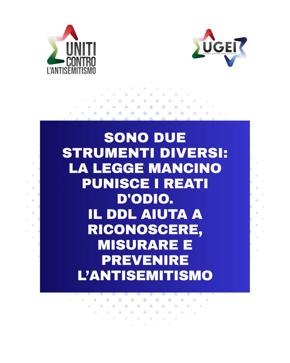 ugei_it's tweet photo. “C’è già la legge Mancino.” Vero. Ma è una norma penale: interviene dopo il reato.

Il ddl sull’antisemitismo fa un altro lavoro: prevenzione, monitoraggio, formazione. Nessun nuovo reato.

Uno strumento punisce, l’altro previene. Servono entrambi.

#UnitiControLAntisemitismo https://t.co/vKapffUKsi