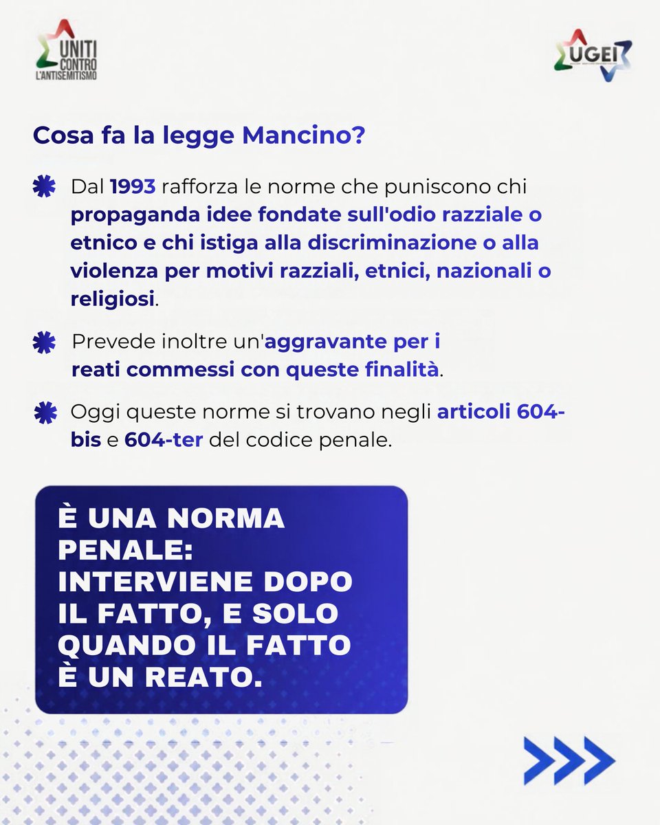 ugei_it's tweet photo. “C’è già la legge Mancino.” Vero. Ma è una norma penale: interviene dopo il reato.

Il ddl sull’antisemitismo fa un altro lavoro: prevenzione, monitoraggio, formazione. Nessun nuovo reato.

Uno strumento punisce, l’altro previene. Servono entrambi.

#UnitiControLAntisemitismo https://t.co/vKapffUKsi