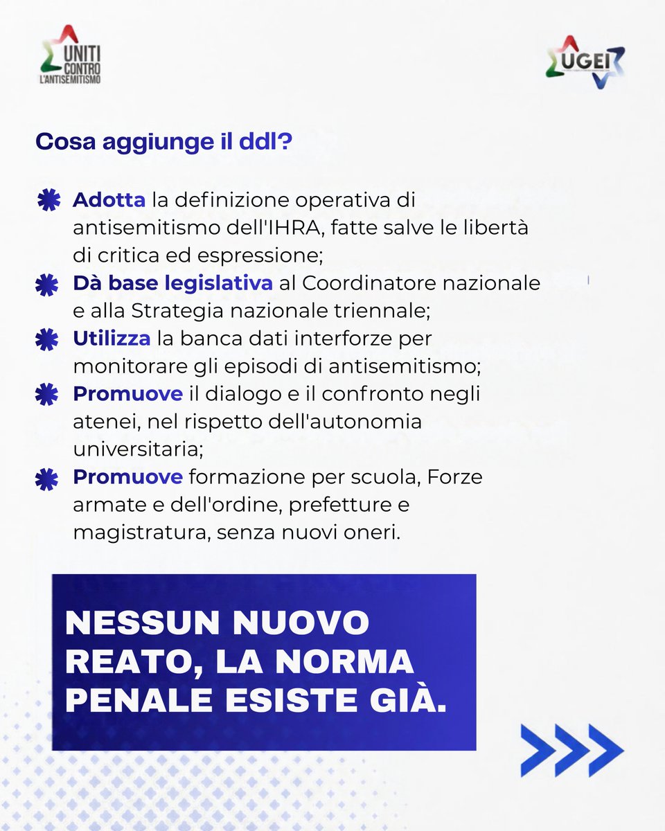 ugei_it's tweet photo. “C’è già la legge Mancino.” Vero. Ma è una norma penale: interviene dopo il reato.

Il ddl sull’antisemitismo fa un altro lavoro: prevenzione, monitoraggio, formazione. Nessun nuovo reato.

Uno strumento punisce, l’altro previene. Servono entrambi.

#UnitiControLAntisemitismo https://t.co/vKapffUKsi
