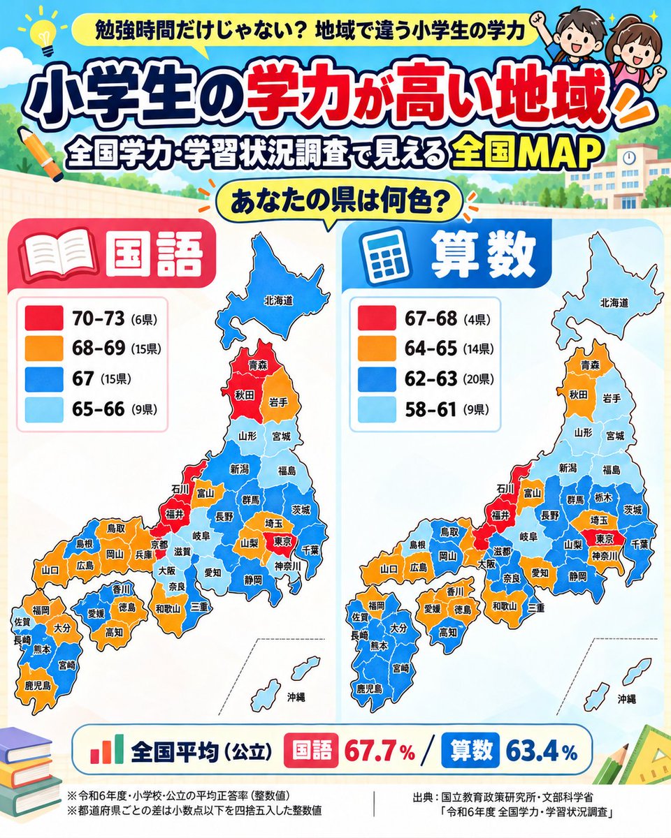 HugPro_FandE's tweet photo. 【あなたの県、何色？👀】

小学生の国語×算数を全国で見てみると、
地域ごとにけっこう違う。

しかも面白いのは、
国語が高い県と、算数が高い県が必ずしも同じじゃない。

まずは自分の県を探してみて👇
国語と算数、どっちが強かった？

※出典：国立教育政策研究所・文部科学省
「令和6年度 全国学力・学習状況調査」