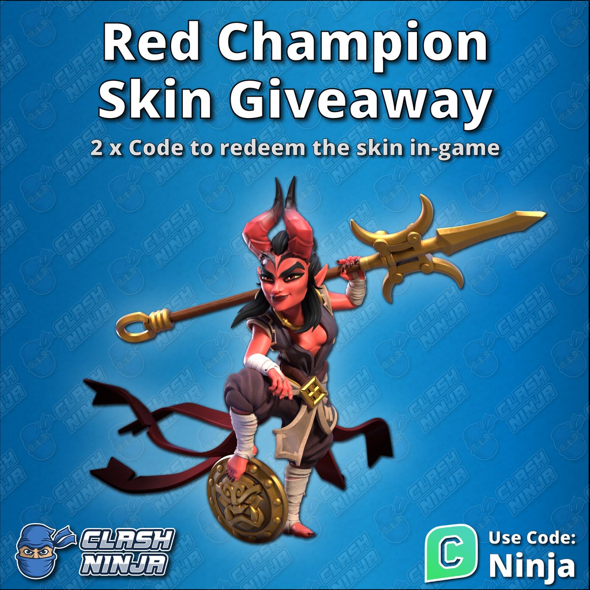 ClashDotNinja's tweet photo. Red Champion Skin Giveaway!

2 x Skin code (2 winners getting 1 code each)

To Enter: 
✅Follow @ClashDotNinja
✅Retweet this tweet

Optional:
Subscribe to https://t.co/EWbmeZZfiF

Winner announced after 12:00 UTC 14th October 2026

#ClashofClans #GiftedBySupercell