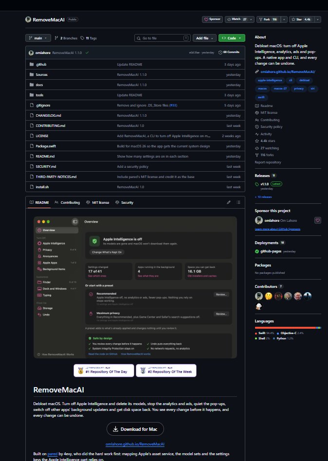 thememedoctor_'s tweet photo. Ok this is Genny Anti-AI narrative tek

This guy built an AI remover on your mac!
3k+ stars, 20k+ Downloads #1 on Hacker News

And he is working to make your both mac and windows COMPLETELY REMOVE AI from you machine 
https://t.co/K0eYLBPusY

He has a github and he is active there 

Sending him fees to the github and already dmed him
https://t.co/aQU2wV0qMK