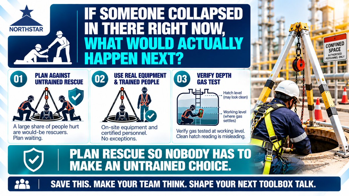 northstarehs_in's tweet photo. Many people hurt in confined space incidents are rescuers who went in untrained because waiting felt impossible.
Plan rescue with real equipment and trained people on site, so nobody has to make that choice.
#ConfinedSpace #PermitToWork #IndustrialSafety #GasTesting #Northstar https://t.co/S7f57wKz7Y