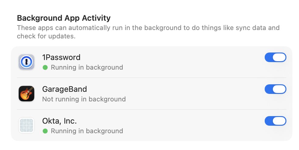 adilrc's tweet photo. The only app that appears in Background App Activity when you setup a new Mac is GarageBand, why does it even need background access in the first place 🤔 https://t.co/4P0KLmgnTH