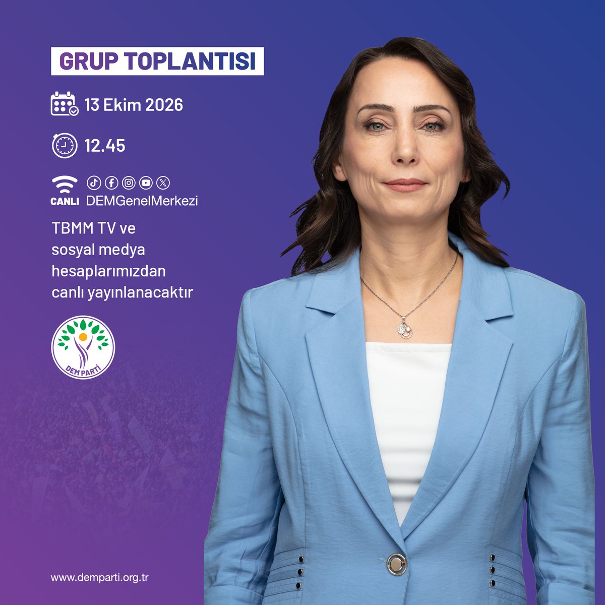 DEMGenelMerkezi's tweet photo. Eş Genel Başkanımız Tülay Hatimoğulları'nın konuşacağı Meclis Grup Toplantımızı, bugün (13 Ekim Salı) saat 12:45'te sosyal medya hesaplarımızdan canlı izleyebilirsiniz. https://t.co/NohXOu9E2O
