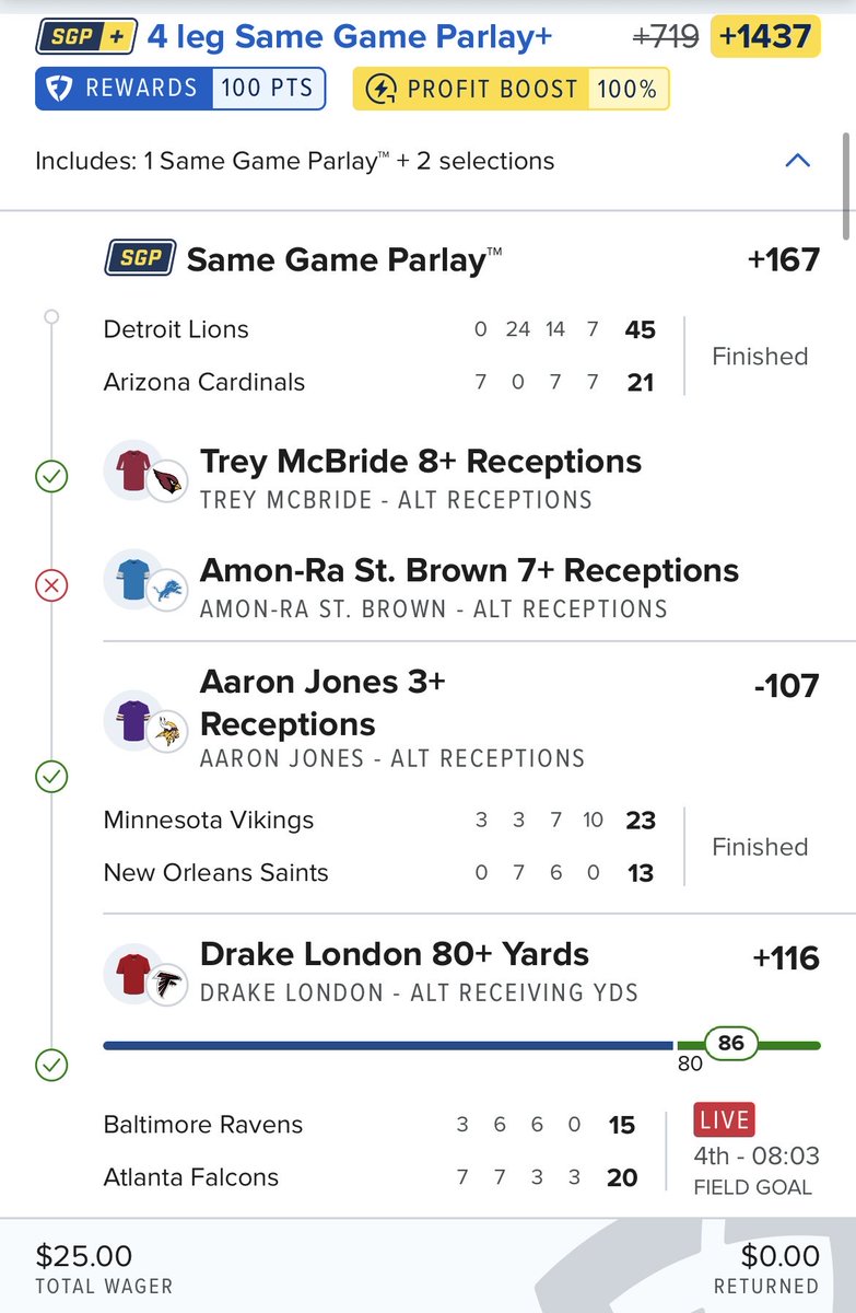 PropDropper's tweet photo. @xFlyGod Hows this for pain? Amon has some of the surest hands in the league had 6 catches on 11 targets woulda paid out $384 https://t.co/rLCvzFfHw4