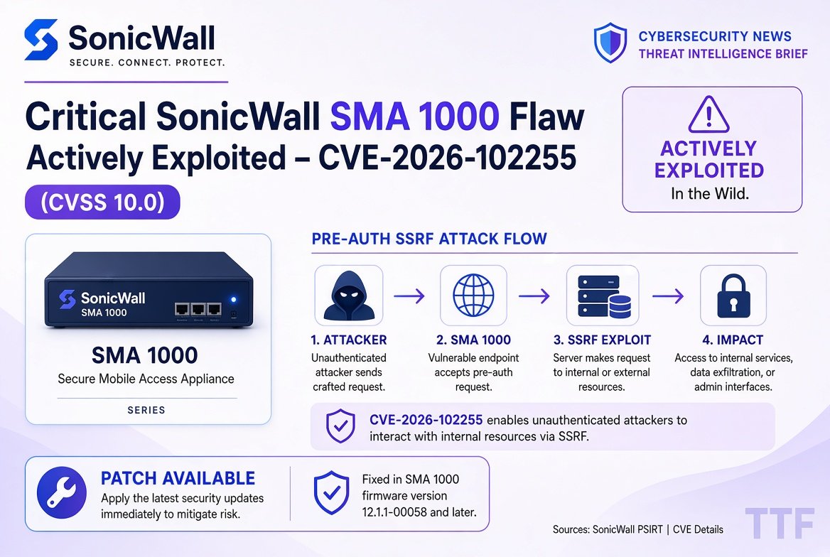 TheThreatForge's tweet photo. Threat actors are actively exploiting critical SSRF flaw CVE-2026-102255 (CVSS 10.0) in SonicWall SMA 1000 appliances days after disclosure. Patches out Oct 6; 135 attempts already sdeen. Patch ASAP.
#SonicWall #CVE2026102255 #Cybersecurity #ZeroDay https://t.co/9tpsV2hlg9