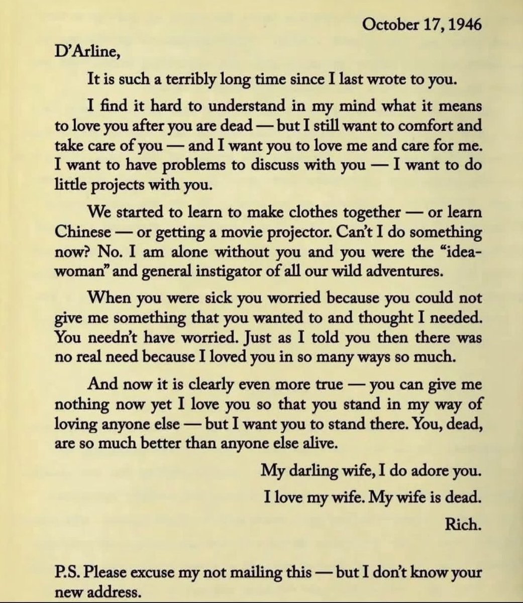 Theveripost's tweet photo. In 1946, physicist Richard Feynman wrote a deeply personal letter to his wife, Arline, 16 months after she had passed away from tuberculosis... https://t.co/hYenowltQi