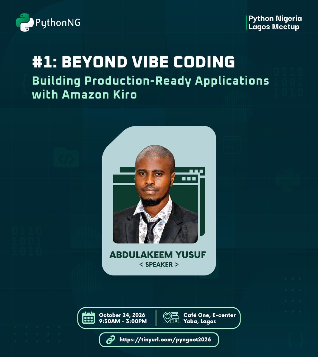 PythonNigeria's tweet photo. Talk 1: Beyond Vibe Coding with Amazon Kiro
Speaker: @AbdulakeemYus15 , AWS Community Builder &amp; AWS User Group Lead, Ibadan

Learn how Kiro’s spec-driven workflow turns prompts into requirements, designs, and tested code.

Register here: https://t.co/5Zi6wF3rIY https://t.co/sy70SjkxqZ