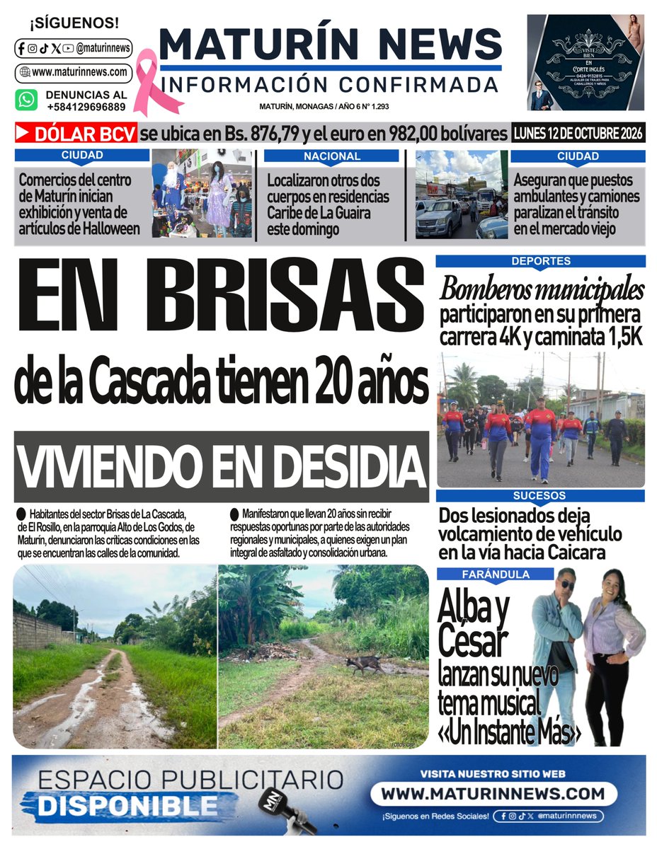 maturinnews's tweet photo. ¡Buenos días! Presentamos nuestra portada LUNES 12-10-2026.
.
.
.
.
#Maturin #Monagas #Esviral #Noticias #Venezuela https://t.co/n4T3b4dT4q