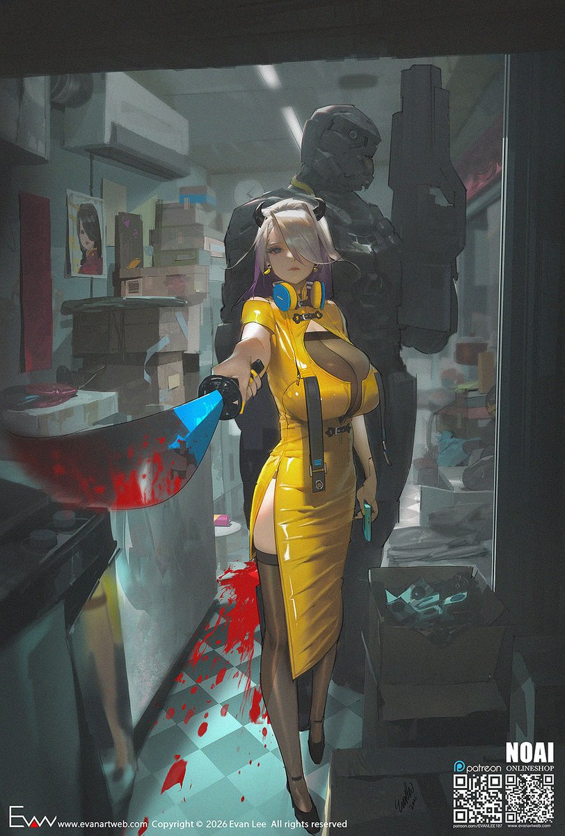 EVANLEE082's tweet photo. Cyberpunk, inspired by childhood memories of Hong Kong～😆
Grandma’s cramped rooms, futuristic tech, a qipao-inspired heroine, and an old armored soldier design. Dark greens, bright yellow—all figured out live! 😂
#Cyberpunk #DigitalArt #EvanLee https://t.co/Nqn89vRvD4