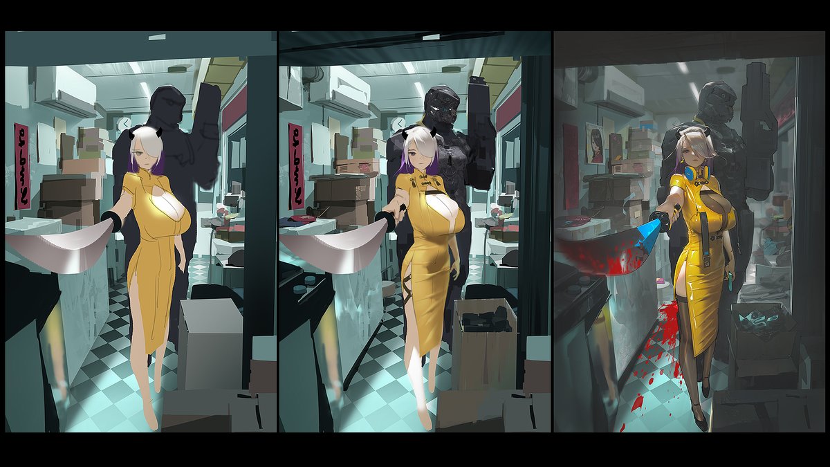 EVANLEE082's tweet photo. Cyberpunk, inspired by childhood memories of Hong Kong～😆
Grandma’s cramped rooms, futuristic tech, a qipao-inspired heroine, and an old armored soldier design. Dark greens, bright yellow—all figured out live! 😂
#Cyberpunk #DigitalArt #EvanLee https://t.co/Nqn89vRvD4