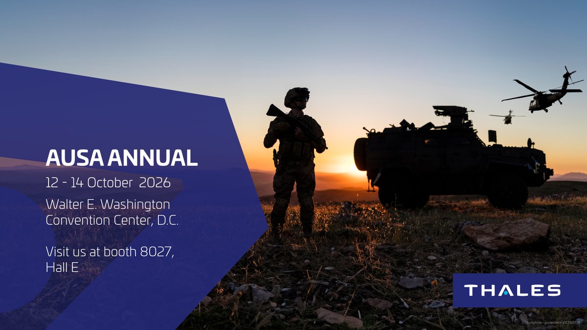ThalesUSA's tweet photo. Connect with Thales at #AUSA2026, booth #8027, Oct. 12-14 to see our advanced communications, mission command, sensing and air-ground coordination capabilities in action. With R&D and manufacturing capabilities across the U.S., we’re strengthening our domestic footprint and delivering proven technologies trusted by U.S. and allied forces to meet today’s urgent mission demands: https://t.co/sY7BzpxroC