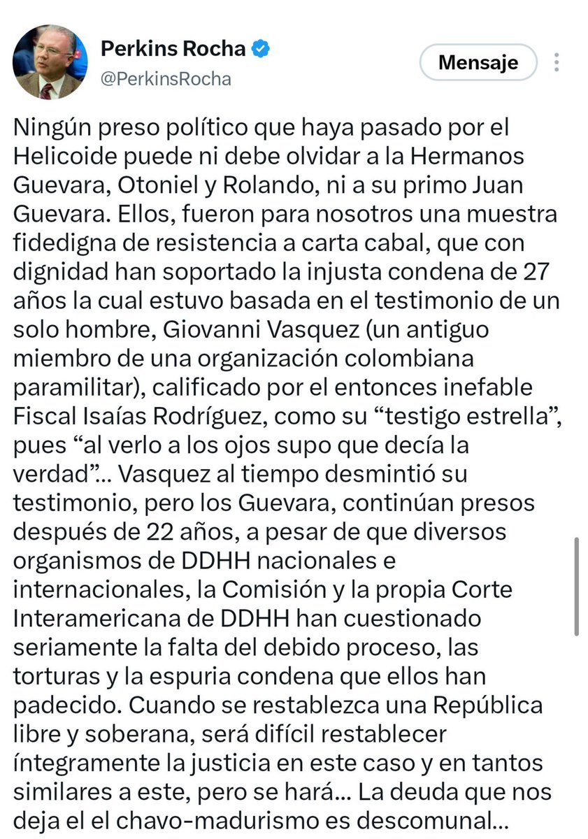 ReporteYa's tweet photo. #12Oct #Denuncia 
📌 Perkins Rocha denunció que la condena a los hermanos Guevara es una deuda pendiente de la justicia venezolana

Recordó el abogado que los hermanos Otoniel y Rolando Guevara, junto a su primo Juan Guevara, continúan presos tras más de Dos décadas, a pesar de que Giovanni Vásquez, se retractó de su declaración donde los incriminaba.

Asimismo, puntualizó que en torno a este caso existen denuncias sobre irregularidades procesales y torturas, así como cuestionamientos de organismos nacionales e internacionales de derechos humanos. - @plcdelmedionews