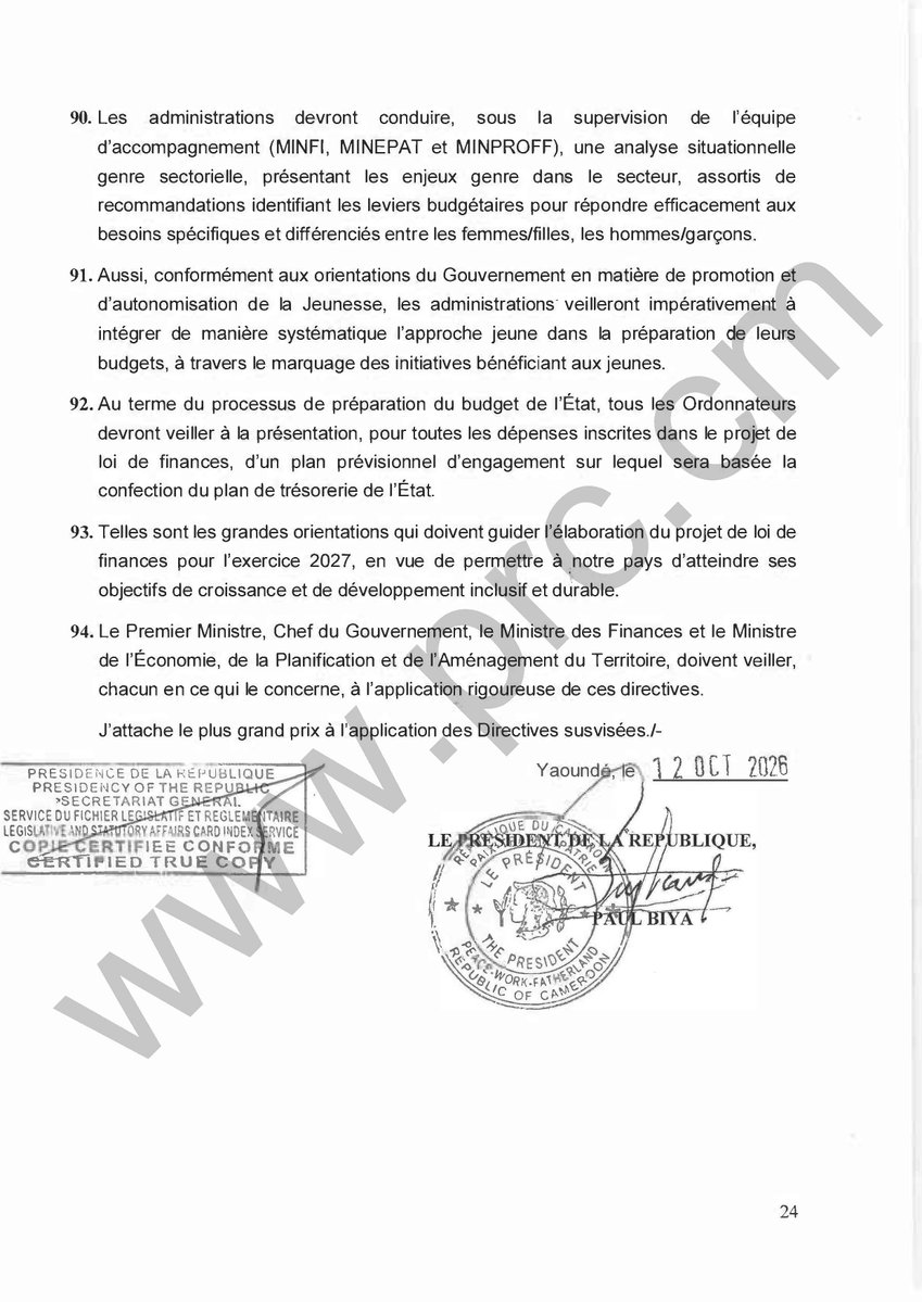 PR_Paul_BIYA's tweet photo. Circulaire relative à la préparation du budget de l’Etat au titre de l’exercice 2027

#PaulBiya
#Cameroun
6/6 https://t.co/zy0TYL7yeu