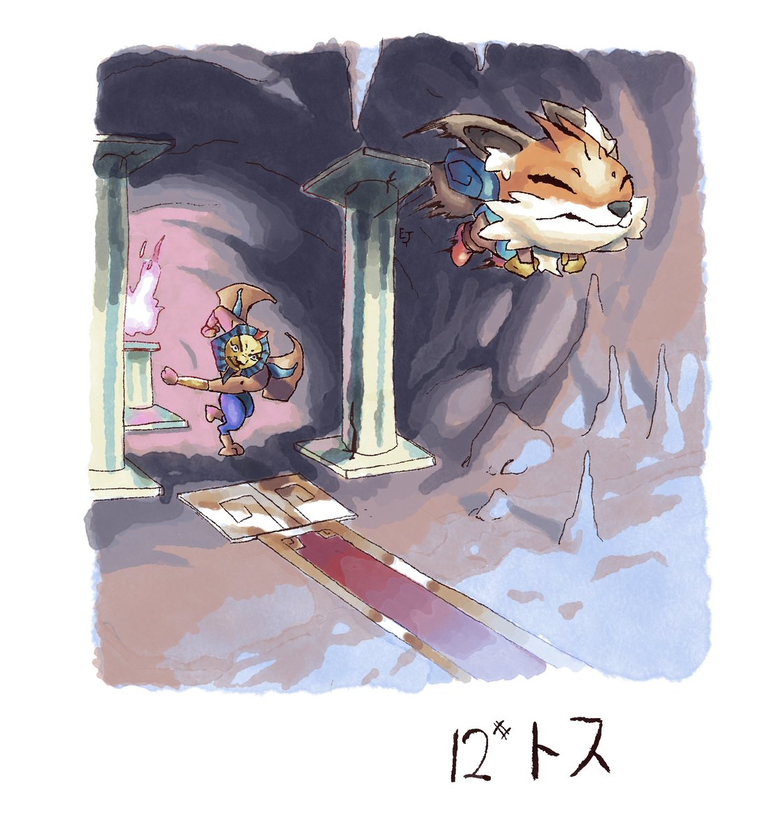 TheTrueTrew's tweet photo. Inktober Day 12, Toss!  I wonder answer to the Sphinx's riddle could've been so wrong...

#inktober #inktoberday12 #inktober2026 #toss #fox #watercolor #digitalart #sphinx #cartoon #cute https://t.co/T8qToQR5Nj