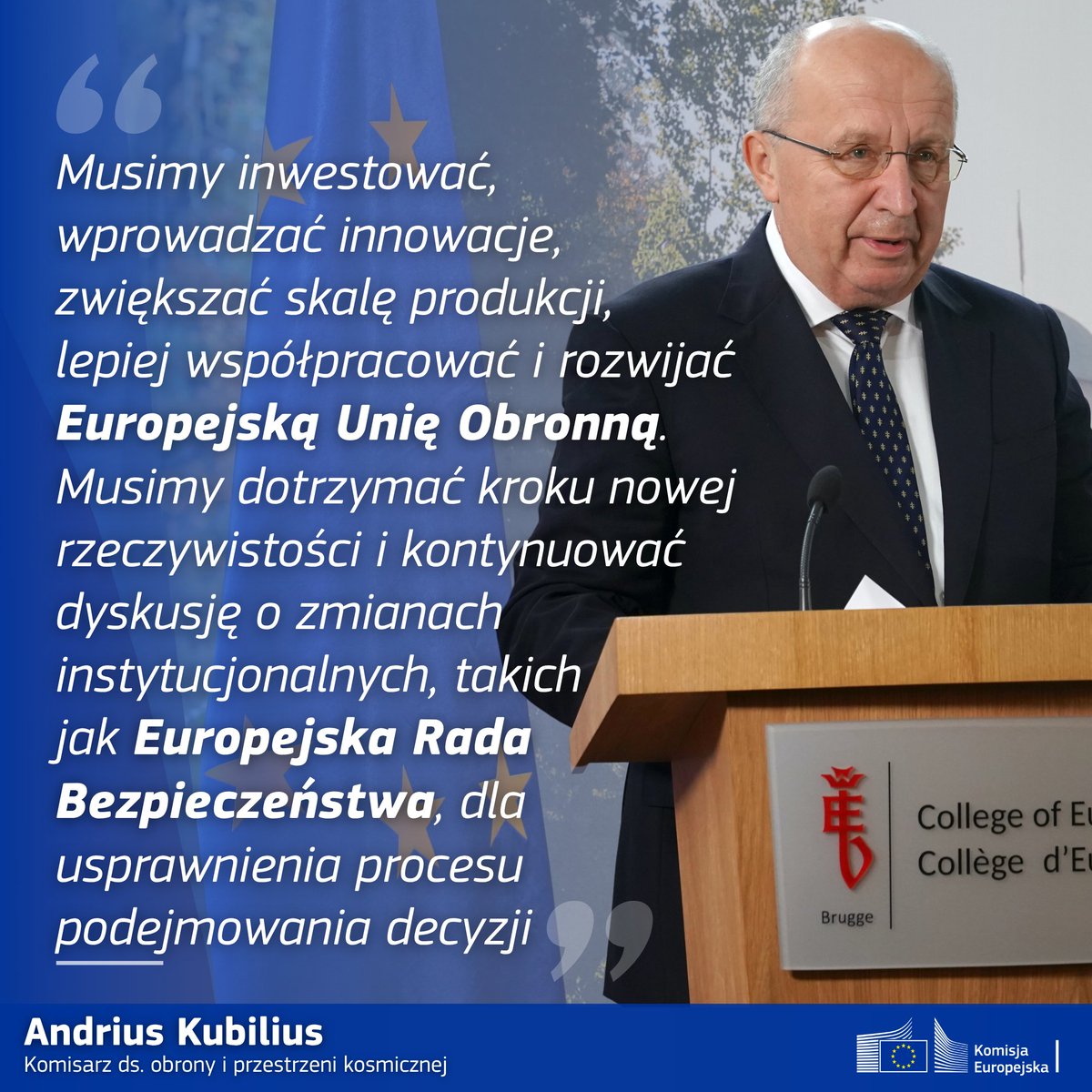 EUinPL's tweet photo. Wojna w Ukrainie pokazuje, jak pilna jest transformacja europejskiej obronności. Podczas inauguracji nowego kierunku w @coenatolin komisarz #UE @KubiliusA wskazał na potrzebę inwestycji, innowacji i ściślejszej współpracy na rzecz bezpieczeństwa Europy. ⬇️ https://t.co/ghCSunPTw3