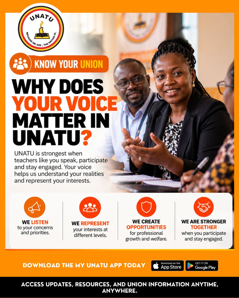 UNATU_ORG's tweet photo. 🟠 YOUR VOICE. YOUR UNION.

A strong Union begins with members who are informed, involved and willing to speak up.

UNATU provides a collective platform through which teachers can raise concerns, share experiences and advocate for their professional rights, welfare and dignity.

But representation is strongest when members actively participate.

Your voice matters because the Union is stronger when teachers speak together.

💬 Teachers, what is one issue you believe deserves greater attention now in our profession?

#UNATU #KnowYourUnion #TeacherVoice #TeachersUganda