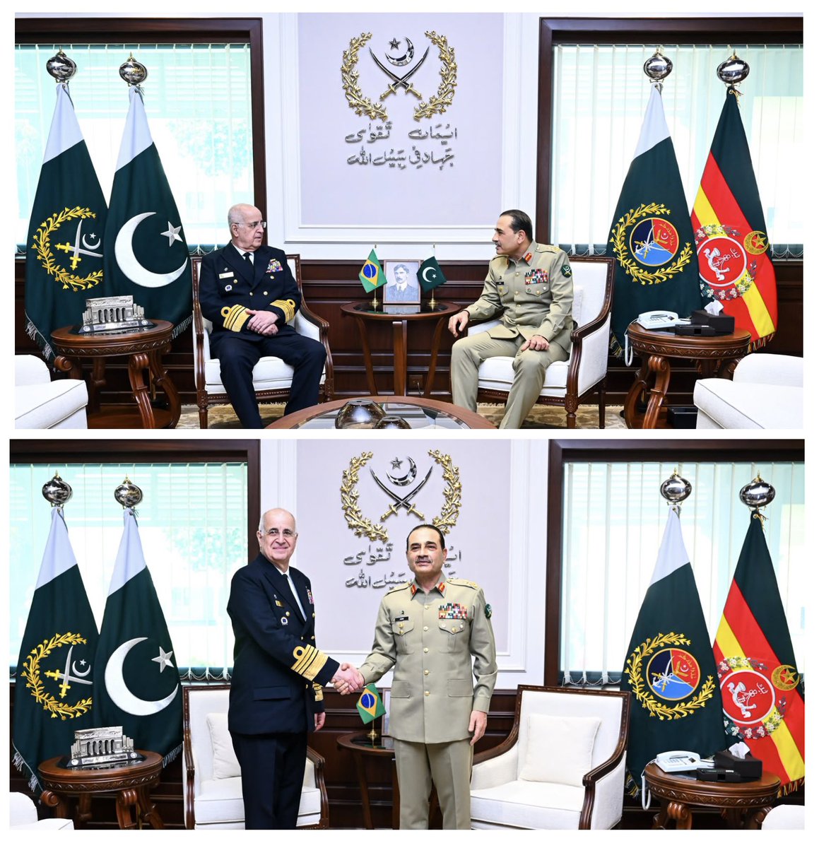 PakistanFauj's tweet photo. #ISPR Press Release 

A high-level delegation from the Federative Republic of Brazil, called on Field Marshal Syed Asim Munir, NI (M), HJ, Chief of Army Staff & Chief of Defence Forces (COAS & CDF) of Pakistan, the delegation was led by Admiral Renato Rodrigues De Aguiar Freire, Chief of the Joint Chiefs of Staff of the Armed Forces of Brazil, at General Headquarters (GHQ), Rawalpindi.

Upon arrival at GHQ, the visiting dignitary was presented a Guard of Honour by a smartly turned-out tri-services contingent.

During the meeting, both sides discussed matters of mutual interest, the regional security environment and avenues for enhancing bilateral defence and security cooperation. They expressed satisfaction with the longstanding cordial relations between Pakistan and Brazil and agreed to further strengthen military-to-military collaboration.

COAS & CDF emphasised Pakistan’s commitment to strengthening defence ties with Brazil. The visiting dignitary appreciated the professionalism and operational preparedness of the Armed Forces of Pakistan and acknowledged their contributions towards regional peace and stability.

The visit reflects the shared resolve of Pakistan and Brazil to deepen defence cooperation and strengthen bilateral military ties.