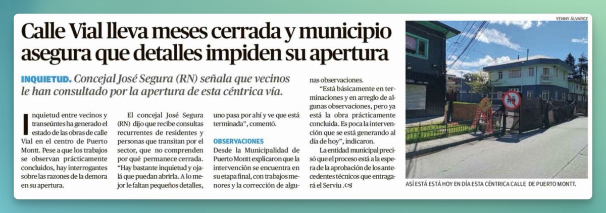 abernales's tweet photo. Urge resolver los detalles que impiden aperturar calle Vial. Su cierre afecta la conectividad y mantiene inaccesibles estacionamientos muy necesarios en el centro. La semana pasada estuvimos en terreno fiscalizando y denunciando esta situación, que genera molestias en el sector. https://t.co/5GxWtQKicl