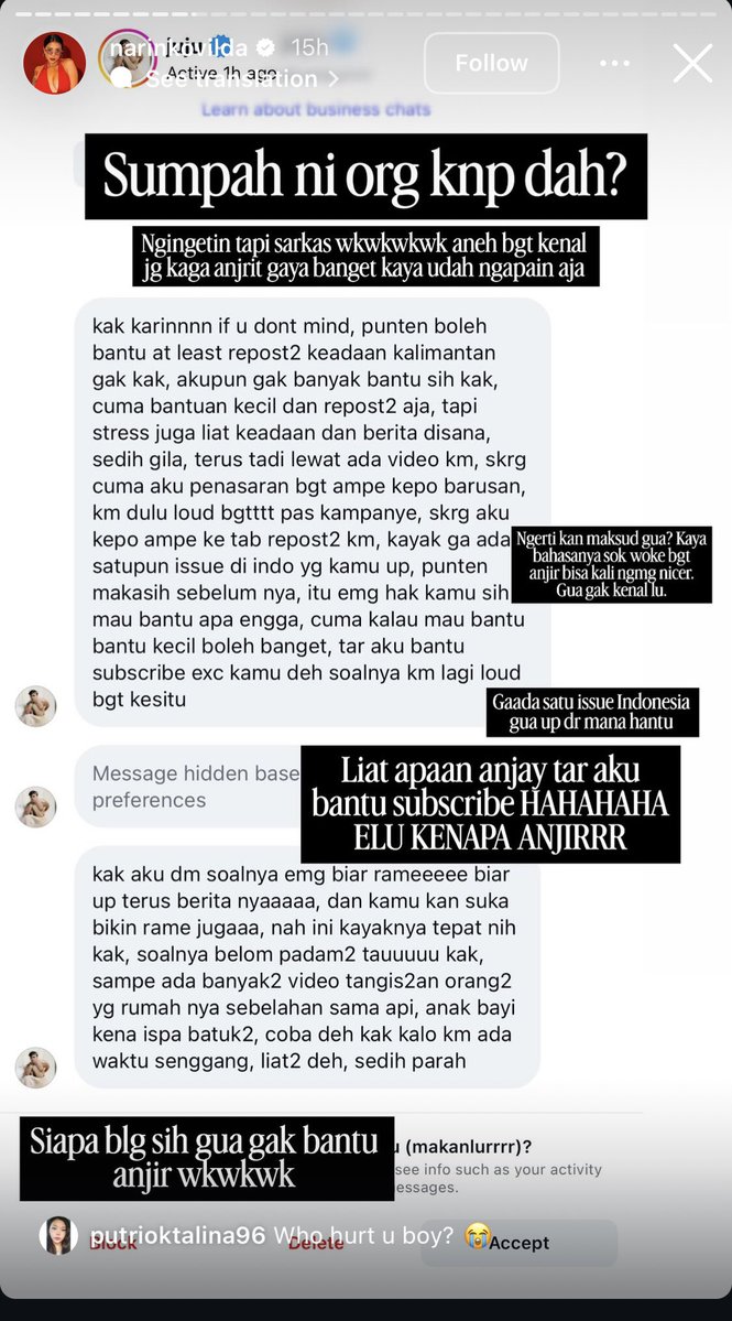 panggilsajamumu's tweet photo. JUJU KATA GW LU SALAH LAWAN SIH!
Kkayaknya si juju ini ngerasa dia udh oke bgt dan berpower kali ya?
Jadi awalnya si juju nge-dm awkarin. Dalihnya sih ngingetin biar awkarin ga tone deaf ttg issue kebakran akhir2 ini . Tapi dari gaya bahasa dia ngingetin bikin org yg diingetin tersinggung, karena awkarin gak kenal juga sama dia. (Maksud gue hk awkarin juga ga sih mau share/engga ttg apa yg udh dia lakuin utk korban kebakaran). 
Dan ternyata setelah awkarin respon gitu, si juju ini malah makin menjadi dan ngatain awkarin ani-ani dari kampung. 
Dari situ awkarin kesel dong, ini orang kenapa?