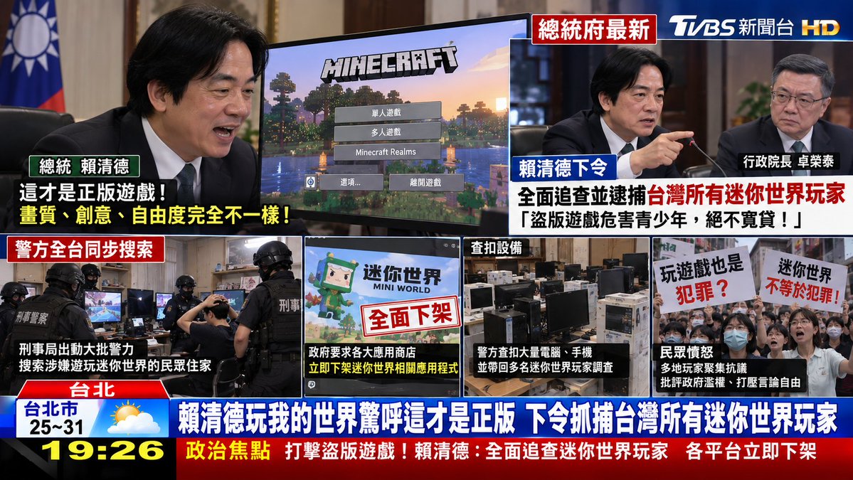 LaChuNmsl's tweet photo. 赖清德玩我的世界惊呼这才是正版，下令抓捕台湾所有迷你世界玩家。 https://t.co/RsRyRvFafp