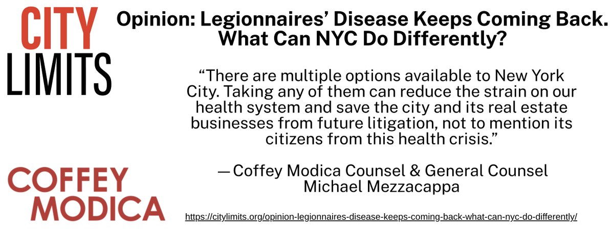 ButlerPR's tweet photo. On the opinion page of @CityLimitsNews, @CoffeyModicaLLP's Michael Mezzacappa warns about NYC’s ongoing Legionnaires’ disease crisis.
#CoffeyModica #CityLimits #Legionnaires #PublicHealth #ConstructionLaw
/ https://t.co/F9V4H3WYMa