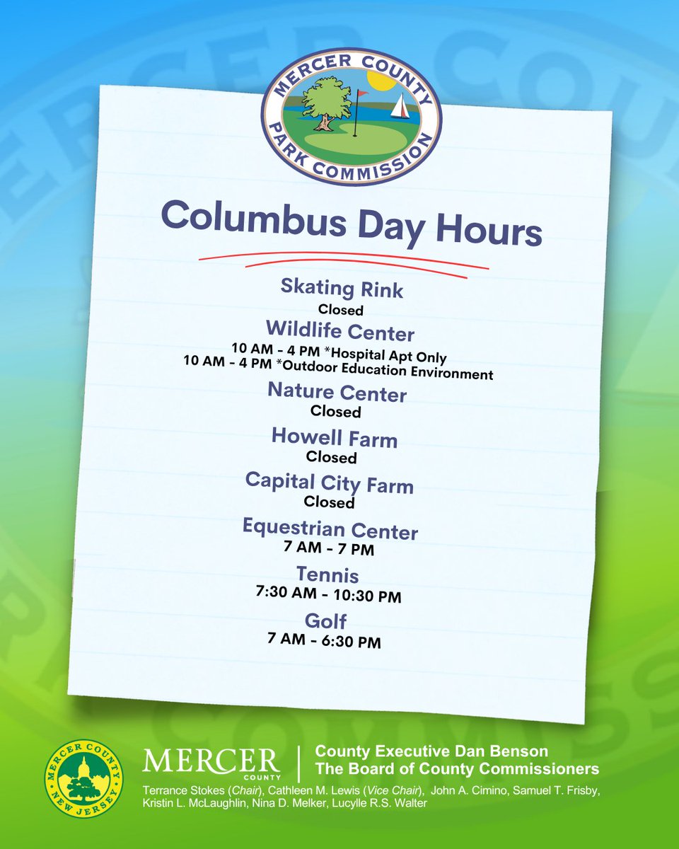 MercerPIO's tweet photo. 📢 Reminder: Mercer County government offices and libraries are closed today, October 12th, in observance of the holiday.

Regular business hours will resume tomorrow. For Mercer County Parks hours please see the attached graphic. https://t.co/vOBRMl8rn6