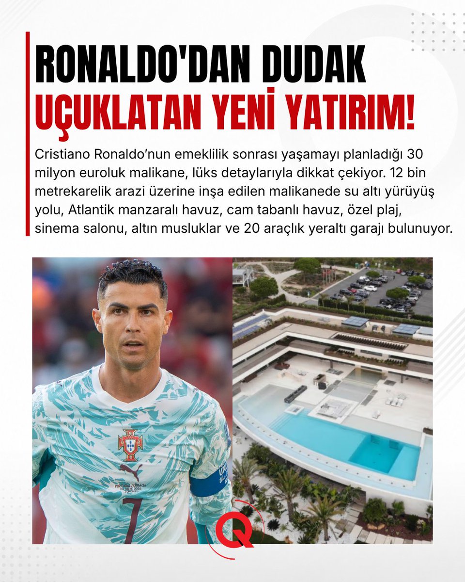 HaberQcom's tweet photo. Cristiano Ronaldo, Lizbon merkezine 30 kilometre uzakta 30.000.000 euro değerinde bir malikane yaptırdı. 

Emekli olduktan sonra burada yaşamayı düşünüyor 
12.000 metrekarelik parsel 
Su altı yürüyüş yolu 
Atlantik manzaralı havuz 
Cam tabanlı havuz 
Sinema salonu 
20 araç kapasiteli yeraltı garajı 
Altın musluk 
Özel plaj
