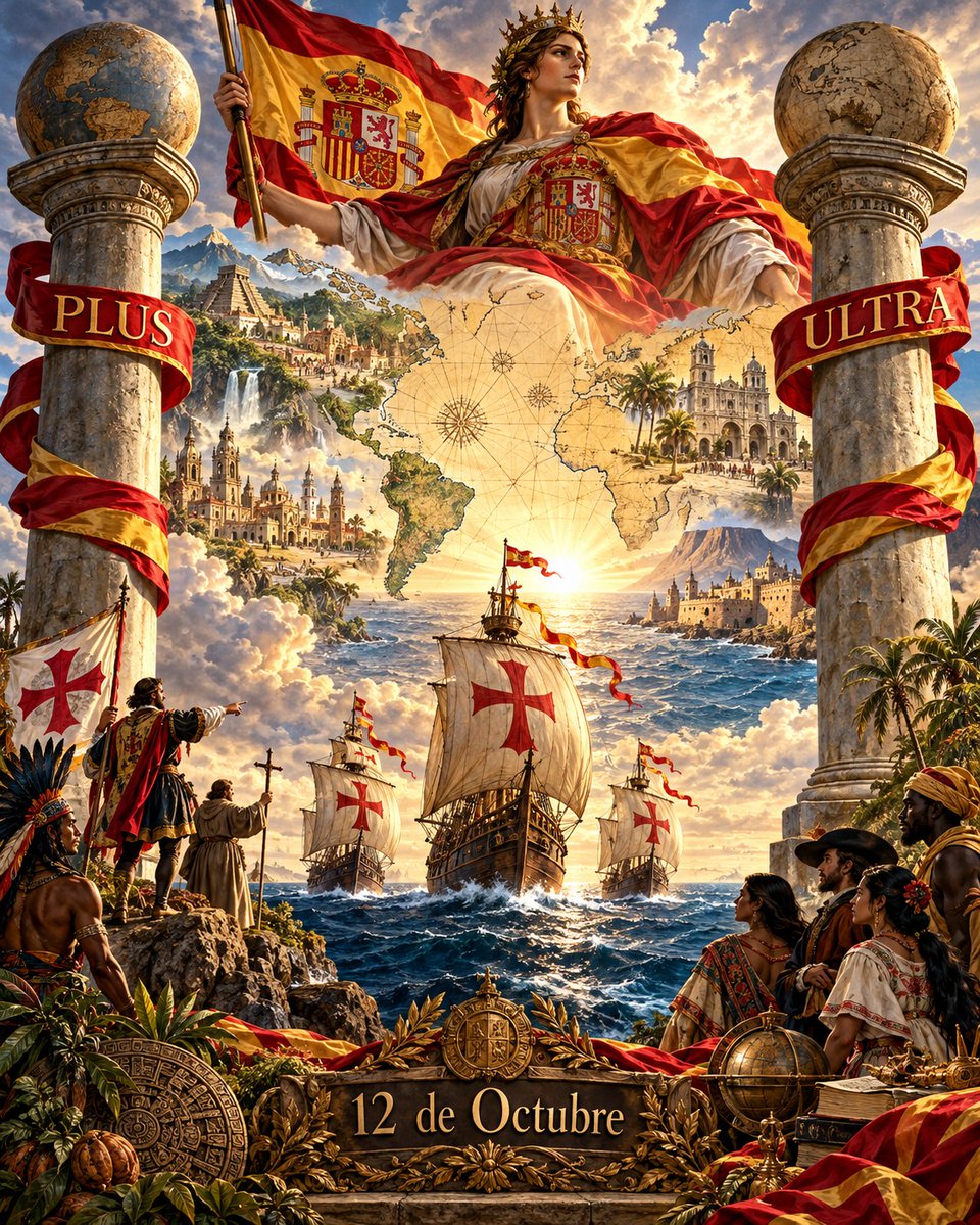 yaroslav_mar's tweet photo. El 12 de octubre de 1492, España emprendió la mayor hazaña de la historia universal.

Lo que comenzó con tres naves cruzando el Atlántico acabó llevando la presencia española desde las costas de Alaska hasta la Patagonia, desde Filipinas hasta África. Pero la verdadera grandeza de aquella empresa no se mide en territorios conquistados, sino en lo que España fue capaz de construir.

Pueblos que hasta entonces ni siquiera conocían la existencia de los demás acabaron compartiendo una lengua, una fe, unas instituciones y una cultura común. Españoles, indígenas, criollos y mestizos levantaron ciudades, fundaron universidades y dieron origen a una civilización que sobrevivió al propio imperio y que sigue uniendo a cientos de millones de personas.

Fue la mayor obra de hermanamiento entre pueblos que haya conocido la humanidad. Cinco siglos después, la Hispanidad sigue siendo testimonio de aquella empresa extraordinaria y de la huella imborrable que España dejó en el mundo.

¡Feliz Día de la Hispanidad! ¡Viva España! 🇪🇸