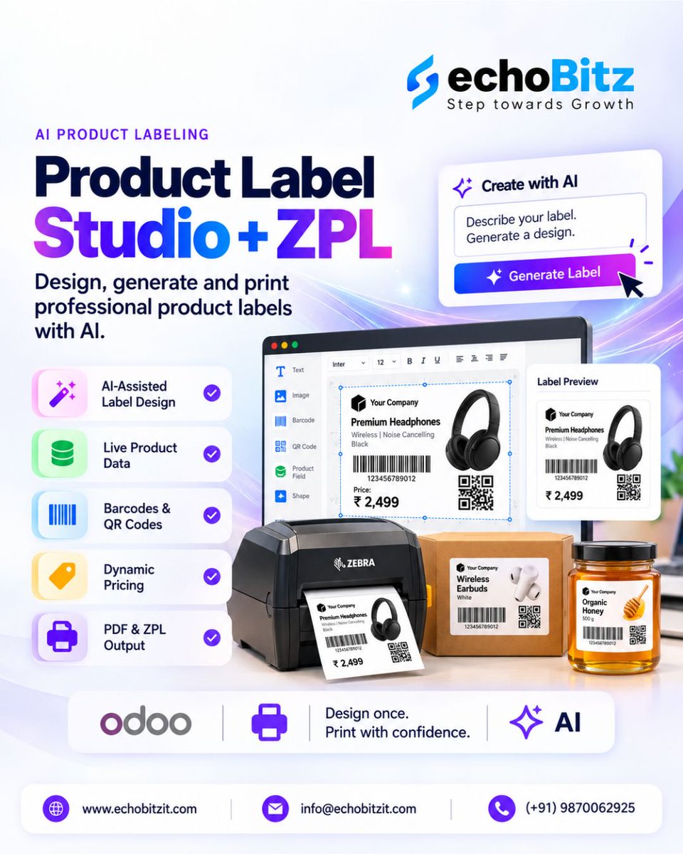 echoBitzIT's tweet photo. 🚀 Design smarter product labels in Odoo 20 with AI-powered layouts, live product data, dynamic pricing, and barcode/QR generation.

🖨️ Print in PDF or Zebra ZPL with batch printing. Supports Odoo 17–20. 

#Odoo #ZPL #Barcode #Automation https://t.co/VE8jNiKjVW