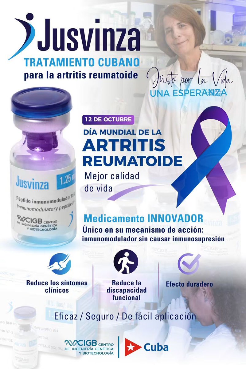 HfpMatanzas's tweet photo. 🩺 | Día Mundial de la Artritis
12 de octubre, visibilizamos la artritis reumatoide y su impacto en la calidad de vida. 🇨🇺 La biotecnología #Cuba aporta esperanza con Jusvinza®, innovador producto inmunomodulador y antiinflamatorio.
#CIGB40Años #Jusvinza #DíaMundialDeLaArtritis https://t.co/eyfpBtHT0o