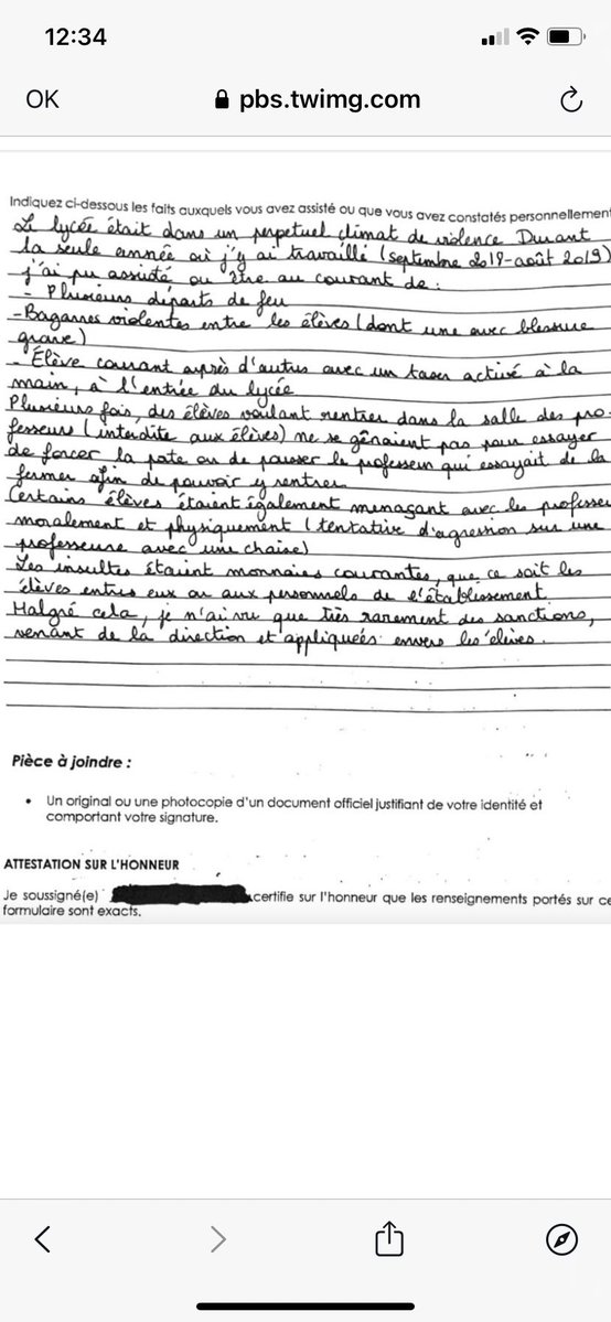 Gassweill's tweet photo. Lycée L. Armand, Paris, 2019. Bagarres, armes blanches, menaces physiques contre les professeurs, intrusions en classe. Sanctions rarissimes.
Cette attestation d’une collègue figurait dans mon action en faute inexcusable du Rectorat.
J’ai été déboutée en appel
#Aubagne https://t.co/bltjcDgEld