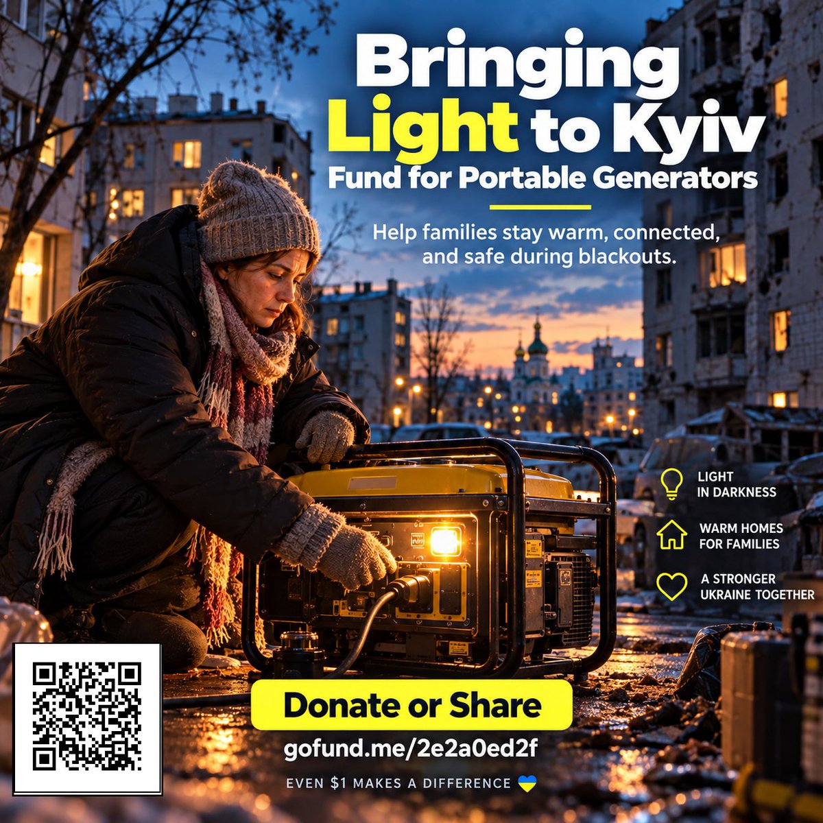 NSpass79's tweet photo. Kyiv is facing power outages, and winter is getting closer.
Behind every dark window is someone hoping the lights will return.
A portable generator can make a difference.
Even $1 matters. Please donate or share. ๐บ๐ฆ
https://t.co/8zol6S5uEs
#Kyiv #gofund #HelpUkraine https://t.co/i1fdAoT72z