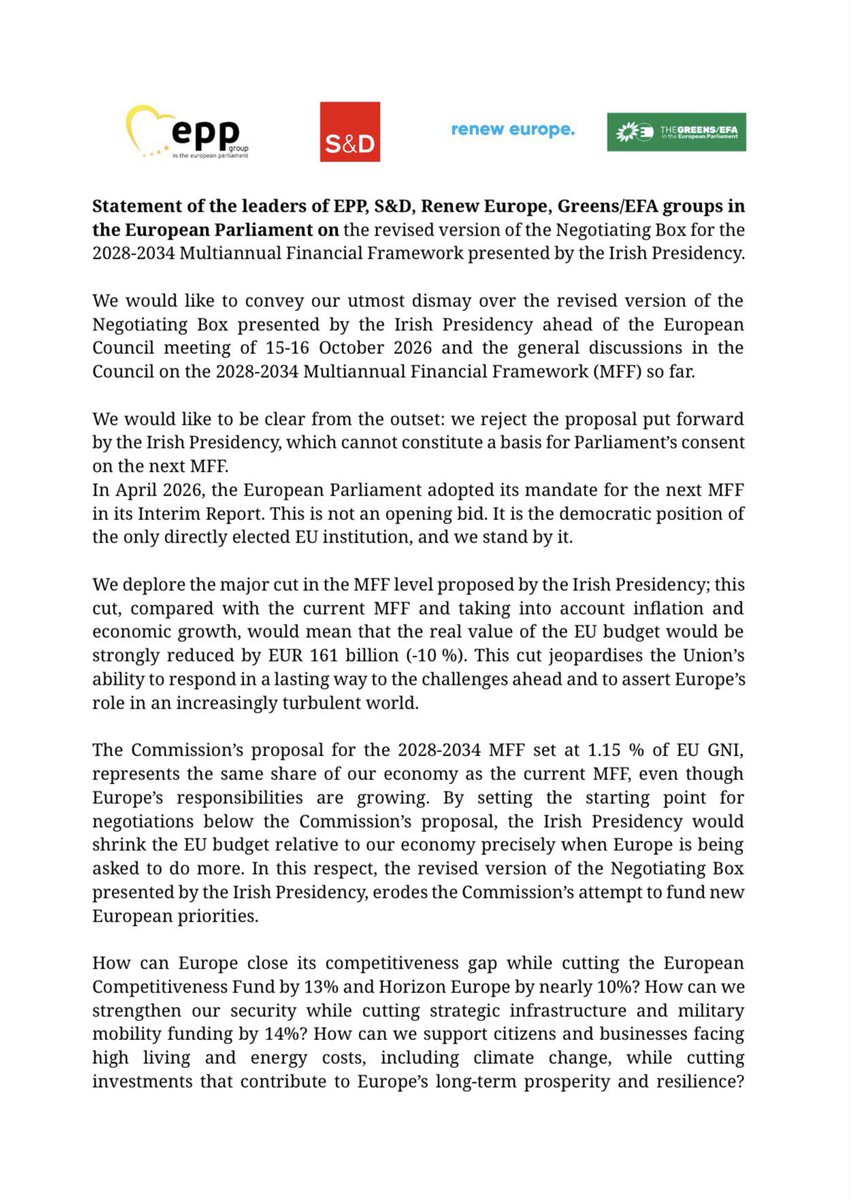 ValerieHayer's tweet photo. Europe cannot do more with less. 

As pro -European leaders, we reject an EU budget that cuts our competitiveness, security and global influence. 

Among others, one condition we expect to be met clearly and firmly: new own resources must fund our shared ambitions and ease pressure on national budgets. 

To get Parliament on board, it must match our shared priorities and give the Union the means to deliver.