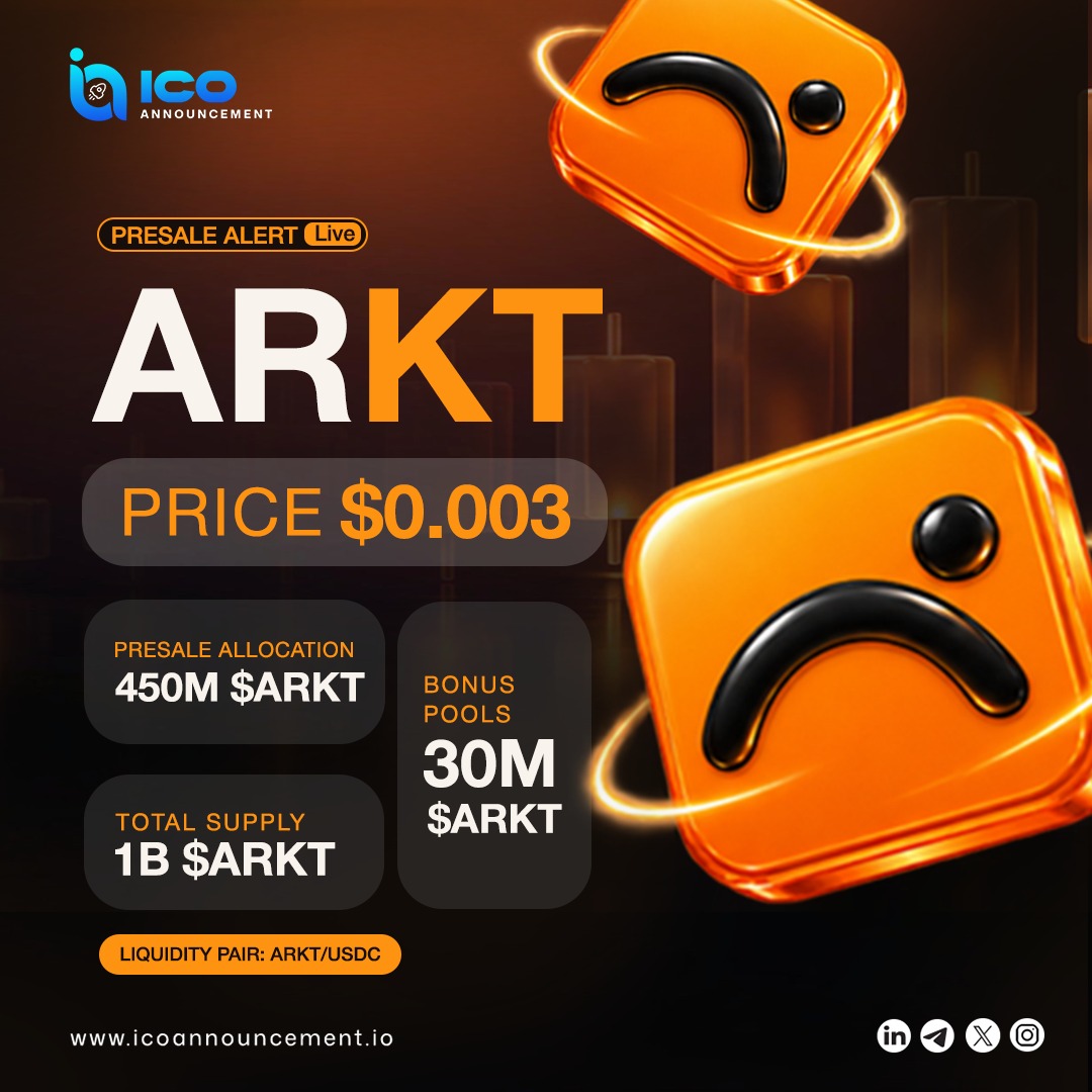 ICOAnnouncement's tweet photo. 🚨 ARKT ( $ARKT ) PRESALE ALERT!
Your Next Market Call Starts Here. 📈

🌐https://t.co/FKu6qE16Su 

ARKT TOKEN SNAPSHOT - 

🔹Total Supply: 1B ARKT
🔹Presale Allocation: 450M ARKT
🔹Listing Price: $0.01
🔹Liquidity Pair: ARKT/USDC
🔹Bonus Pools: 30M ARKT
🔹Referral Reserve: 20M ARKT

Explore the ARKT Presale and Learn More.
🔍 Always DYOR.

#ARKT #ARKTToken #Crypto #ARKTPresale #CryptoProject #Updates