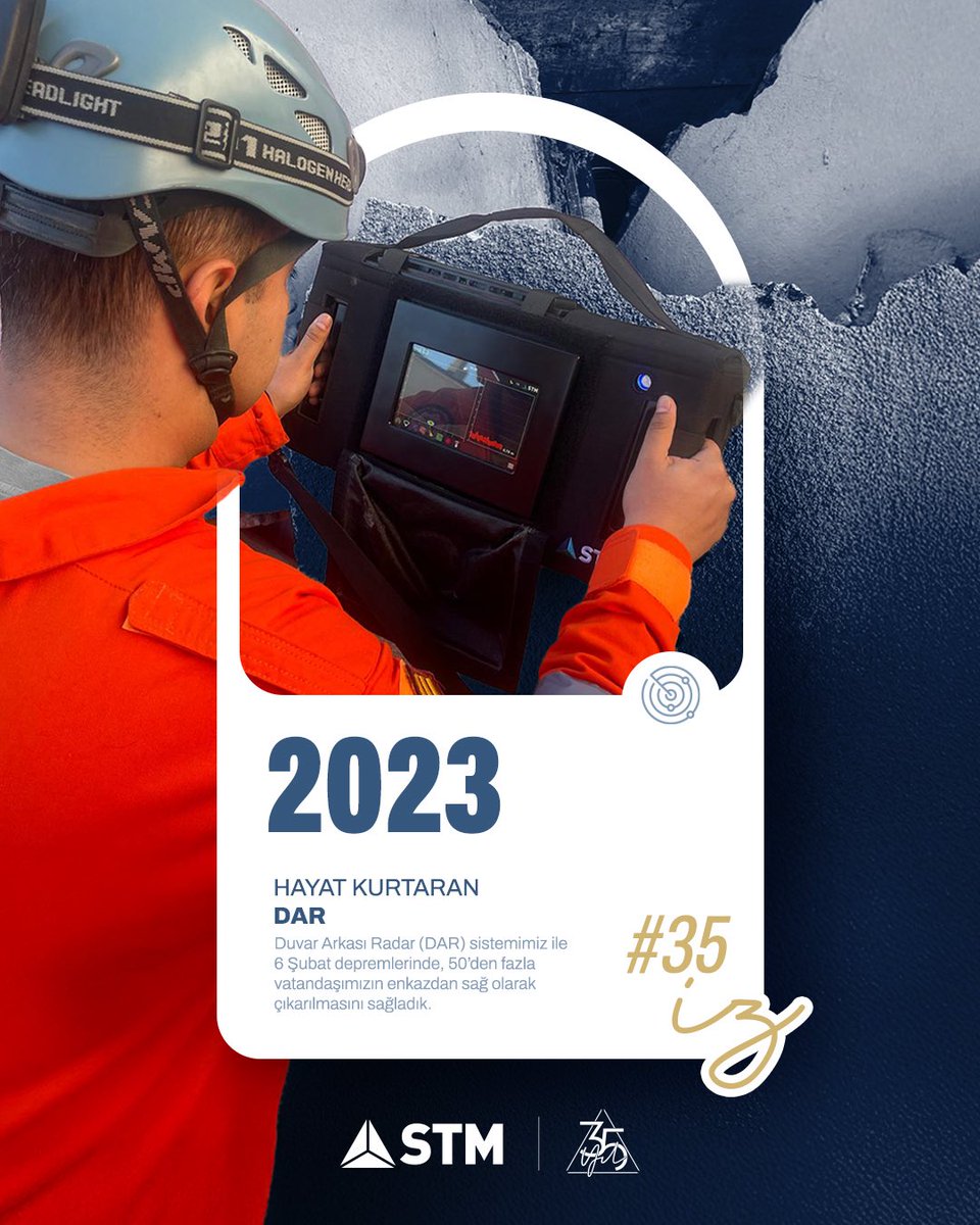 STMDefence's tweet photo. Milli mühendisliğin gücüyle, gururla #35İz! 🇹🇷
 
Milli teknolojimiz STM Duvar Arkası Radar ‘DAR’ ile 6 Şubat Depremlerinde, 50’den fazla vatandaşımızın enkaz altındaki konumunu tespit ederek, sağ kurtulmasını sağladık. 
 
📍 2️⃣4️⃣/3️⃣5️⃣
#35YıldırGururla https://t.co/wiYkiR7ZqZ
