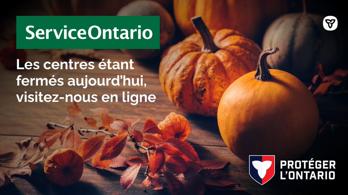 ServiceONT's tweet photo. 🍁 Joyeuse Action de grâce, Ontario!

Les centres ServiceOntario sont fermés aujourd’hui, en ce jour férié.

Nombre de services demeurent accessibles en ligne; vous pouvez donc cocher une tâche sur votre liste entre deux plats.

👉 https://t.co/MJ7lvoTa3Z https://t.co/2Hm5wexs1P